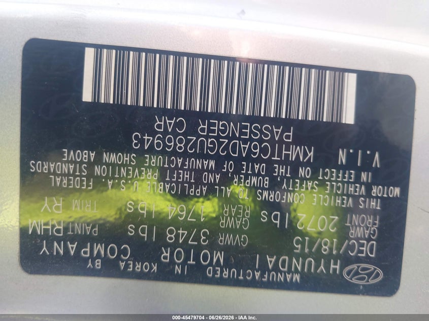 2016 Hyundai Veloster VIN KMHTC6AD2GU286943 IAAI salvage auction — NORMAL WEAR, Clear (Utah), sold $350 on 2026-07-16 (photo 9)
