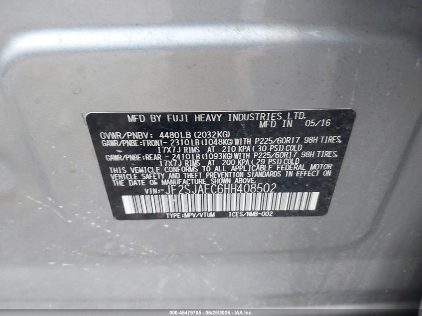 2017 Subaru Forester VIN JF2SJAEC6HH408502 IAAI salvage auction — FRONT END, Salvage (Ohio), sold $25 on 2026-07-21 (photo 9)