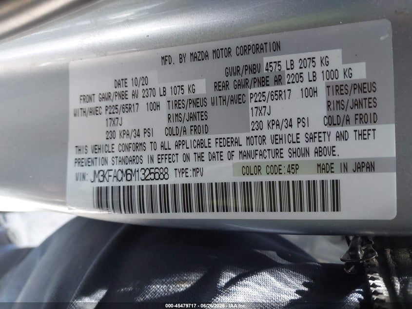 2021 Mazda Cx-5 VIN JM3KFACM6M1325688 IAAI salvage auction — LEFT & RIGHT, Salvage Certificate (California), sold $4,975 on 2026-07-10 (photo 9)