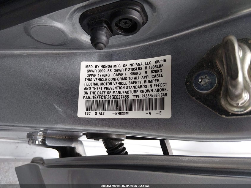 2016 Honda Civic VIN 19XFC1F34GE027468 IAAI salvage auction — FRONT END, Salvage Title, sold $2,175 on 2026-08-23 (photo 9)