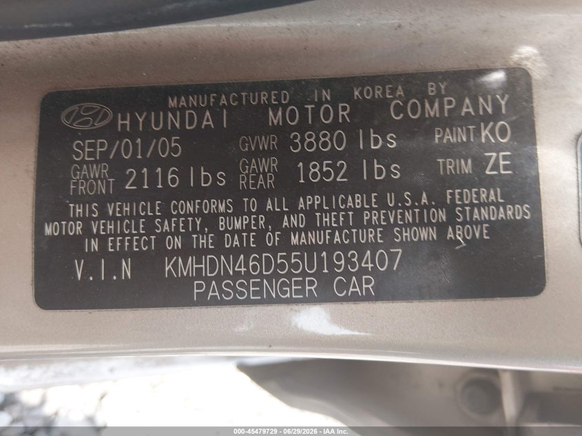 2005 Hyundai Elantra VIN KMHDN46D55U193407 IAAI salvage auction — LEFT REAR, Salvage (Ohio), sold $125 on 2026-07-22 (photo 9)
