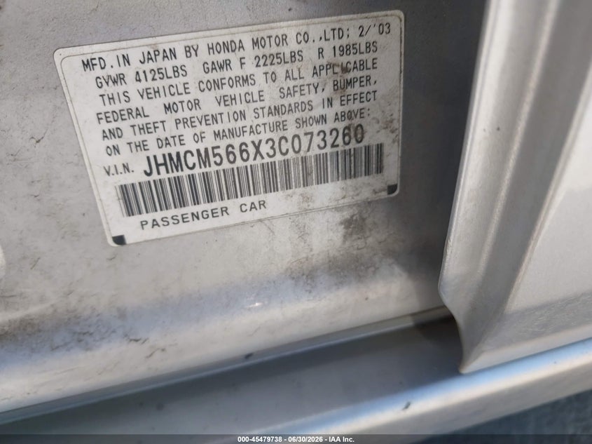 2003 Honda Accord VIN JHMCM566X3C073260 IAAI salvage auction — NORMAL WEAR, Clear - Dealer Only (California), sold $300 on 2026-07-13 (photo 9)