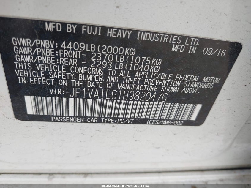 2017 Subaru Wrx VIN JF1VA1E61H9820476 IAAI salvage auction — FRONT END, Salvage (Pennsylvania), sold $2,050 on 2026-07-31 (photo 9)
