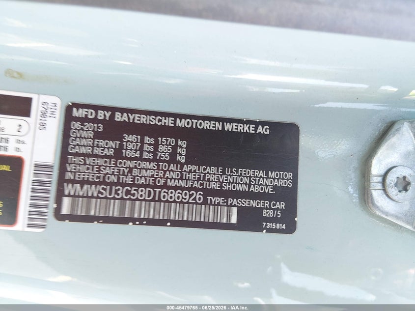 2013 Mini Hard top VIN WMWSU3C58DT686926 IAAI salvage auction — LEFT SIDE, Salvage Title, sold $750 on 2026-07-16 (photo 9)