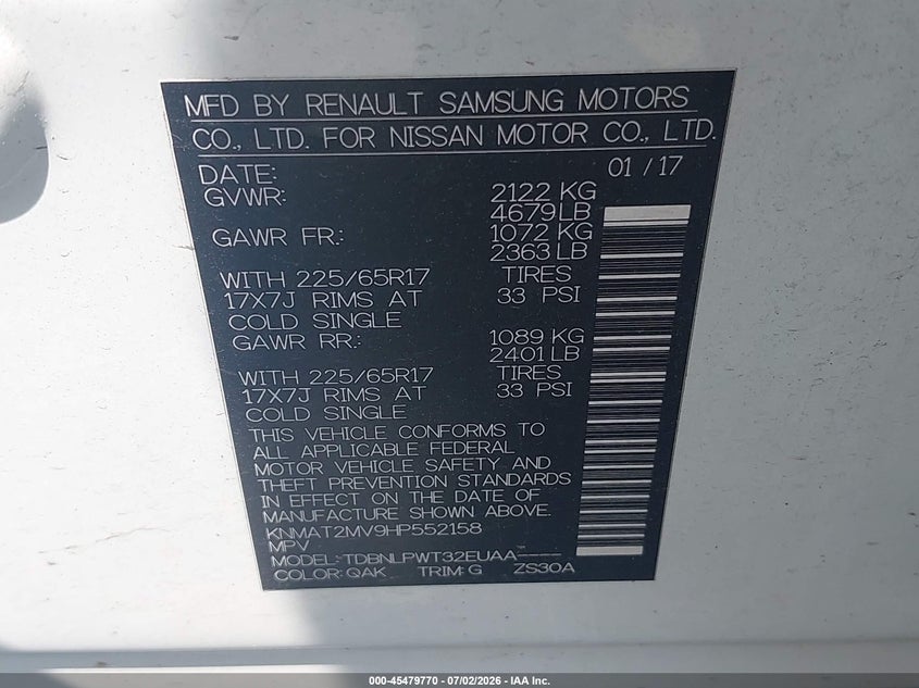 2017 Nissan Rogue VIN KNMAT2MV9HP552158 IAAI salvage auction — FRONT END, Salvage - Greater Than 75% (Maryland), sold $1,150 on 2026-07-20 (photo 9)