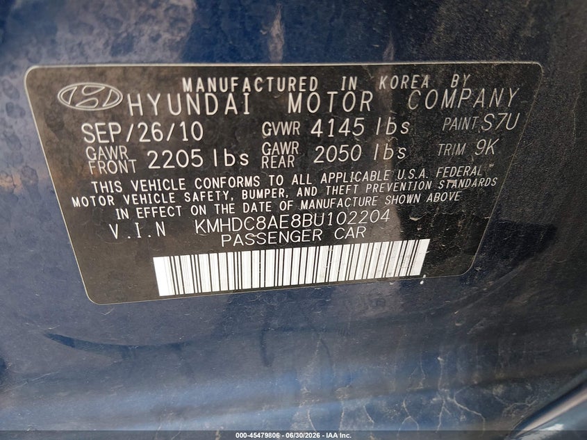 2011 Hyundai Elantra VIN KMHDC8AE8BU102204 IAAI salvage auction — NORMAL WEAR, Clear (Idaho), sold $600 on 2026-07-17 (photo 9)