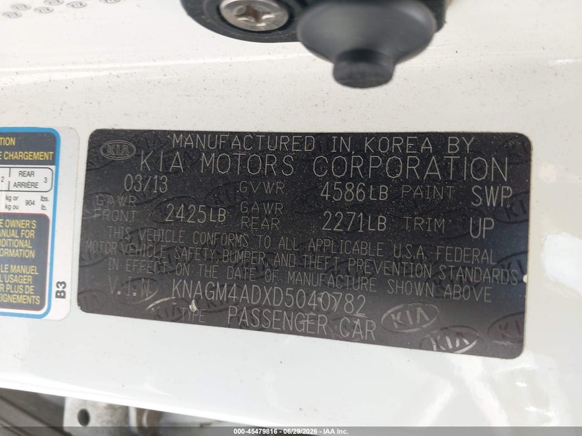 2013 Kia Optima VIN KNAGM4ADXD5040782 IAAI salvage auction — FRONT & REAR, Salvage Title, sold $225 on 2026-07-31 (photo 9)