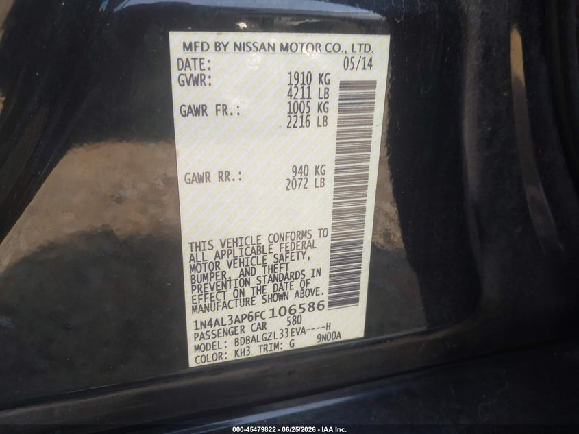 2015 Nissan Altima VIN 1N4AL3AP6FC106586 IAAI salvage auction — FRONT & REAR, Salvage (Tennessee), sold $550 on 2026-07-25 (photo 9)