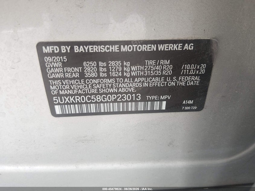 2016 BMW X5 VIN 5UXKR0C58G0P23013 IAAI salvage auction — FRONT END, Salvage Title, sold $3,600 on 2026-07-29 (photo 9)