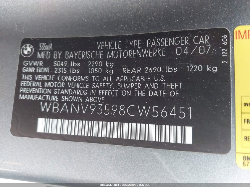 2008 BMW 5 series VIN WBANV93598CW56451 IAAI salvage auction — HAIL, Junk Bill Of Sale Mv2459 (Wisconsin), sold $275 on 2026-07-16 (photo 9)