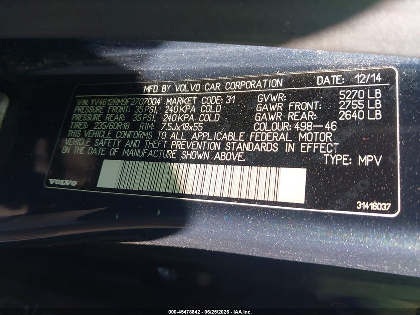 2015 Volvo Xc60 VIN YV4612RM9F2707004 IAAI salvage auction — UNKNOWN, Salvage (California), sold $2,850 on 2026-07-30 (photo 9)