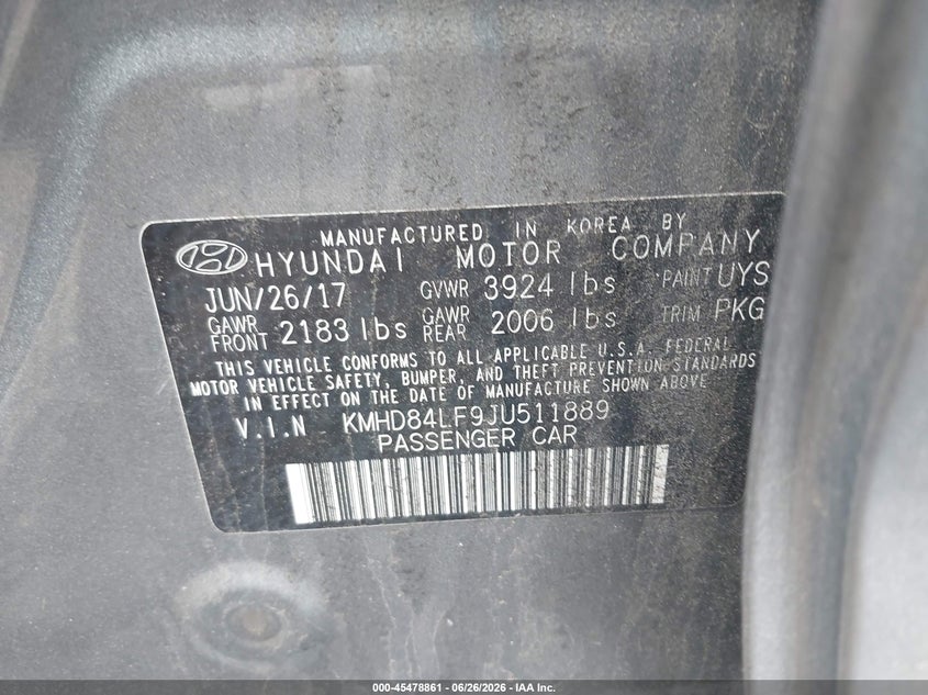 2018 Hyundai Elantra VIN KMHD84LF9JU511889 IAAI salvage auction — NORMAL WEAR, Clear (New York), sold $1,650 on 2026-07-28 (photo 9)