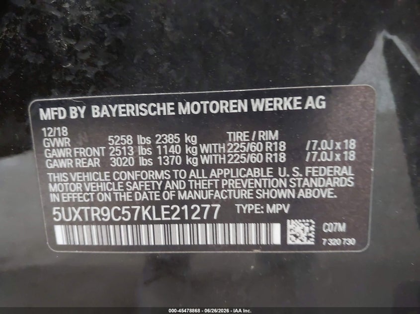 2019 BMW X3 VIN 5UXTR9C57KLE21277 IAAI salvage auction — NORMAL WEAR, Clear (New York), sold $13,300 on 2026-07-06 (photo 9)