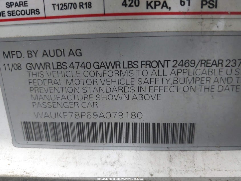 2009 Audi A3 VIN WAUKF78P69A079180 IAAI salvage auction — NORMAL WEAR, Clear (New York), sold $425 on 2026-07-15 (photo 9)