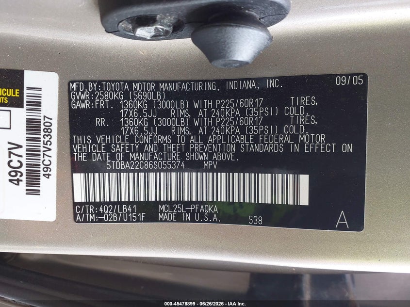 2006 Toyota Sienna VIN 5TDBA22C86S055374 IAAI salvage auction — NORMAL WEAR, Original (Vermont), sold $1,225 on 2026-07-09 (photo 9)