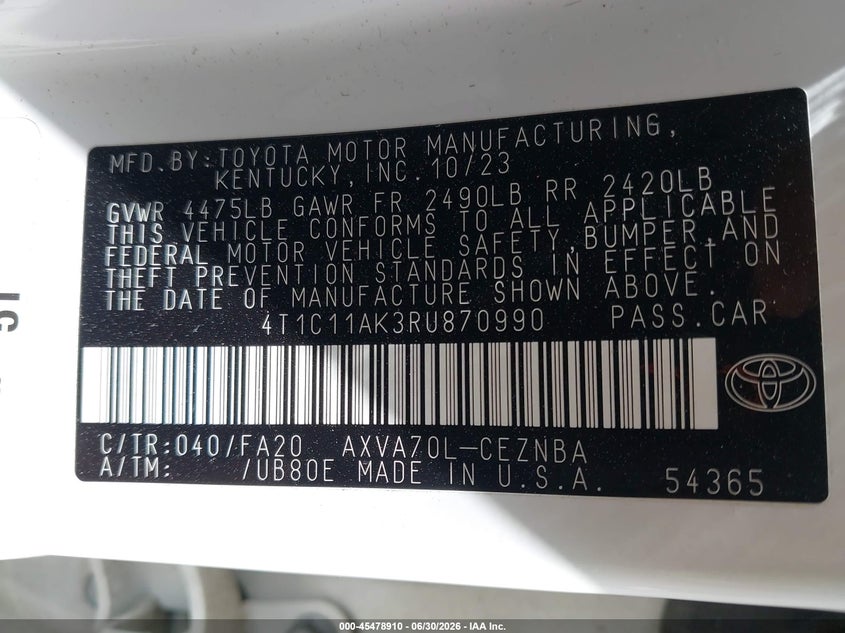 2024 Toyota Camry VIN 4T1C11AK3RU870990 IAAI salvage auction — REAR END, Salvage (Ohio), sold $8,200 on 2026-07-09 (photo 9)