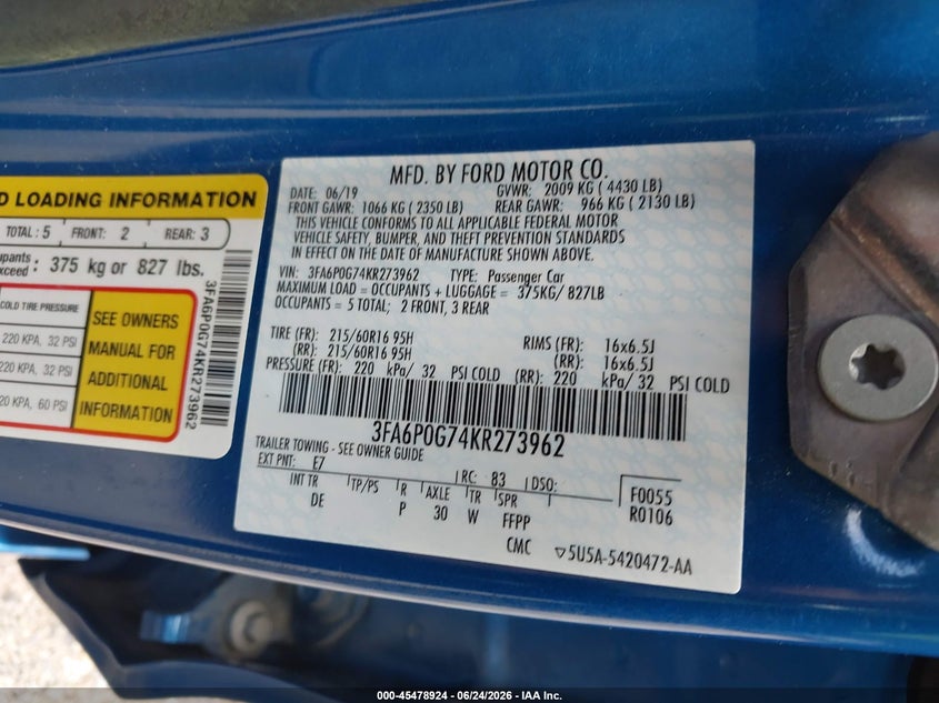 2019 Ford Fusion VIN 3FA6P0G74KR273962 IAAI salvage auction — NORMAL WEAR, SF97 (Virginia), sold $10,700 on 2026-07-22 (photo 9)