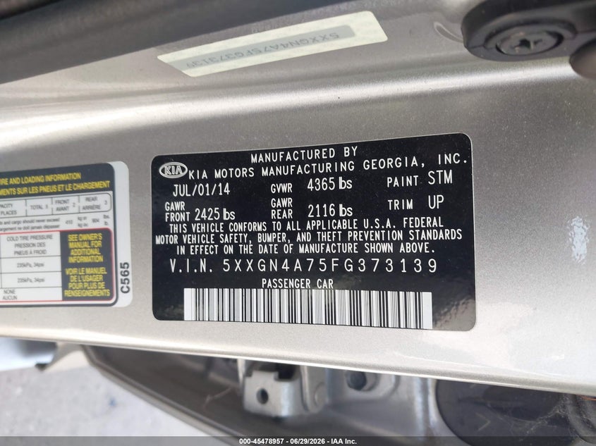 2015 Kia Optima VIN 5XXGN4A75FG373139 IAAI salvage auction — NORMAL WEAR, Original (Texas), sold $3,550 on 2026-07-07 (photo 9)