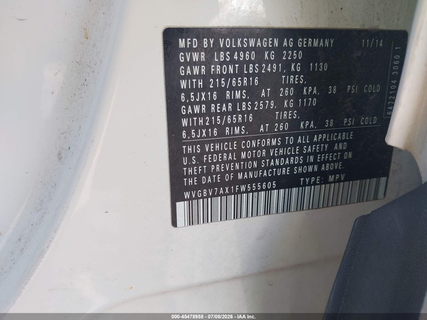 2015 Volkswagen Tiguan VIN WVGBV7AX1FW555605 IAAI salvage auction — FRONT END, Salvage Title, sold $350 on 2026-07-23 (photo 9)