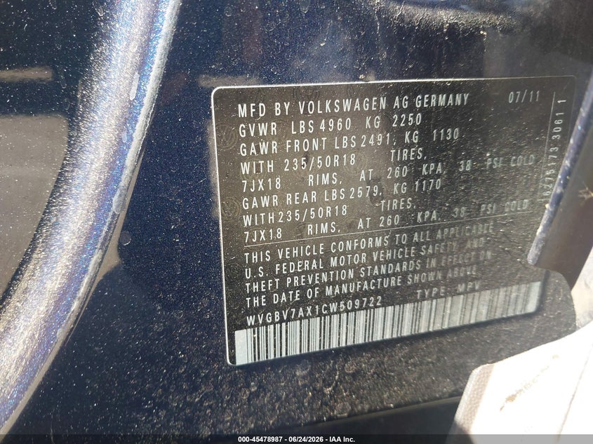 2012 Volkswagen Tiguan VIN WVGBV7AX1CW509722 IAAI salvage auction — FRONT END, Salvage Title, sold $200 on 2026-07-23 (photo 9)