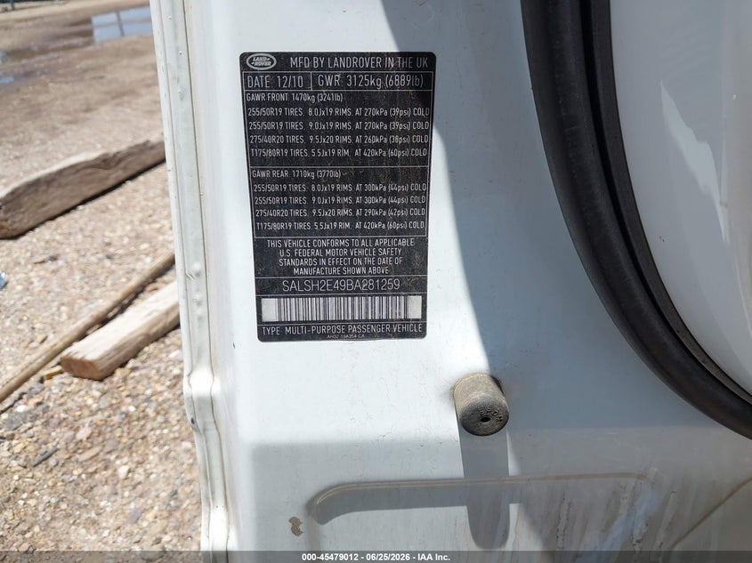 2011 Land rover Range rover sport VIN SALSH2E49BA281259 IAAI salvage auction — NORMAL WEAR, Original (Texas), sold $750 on 2026-07-29 (photo 9)
