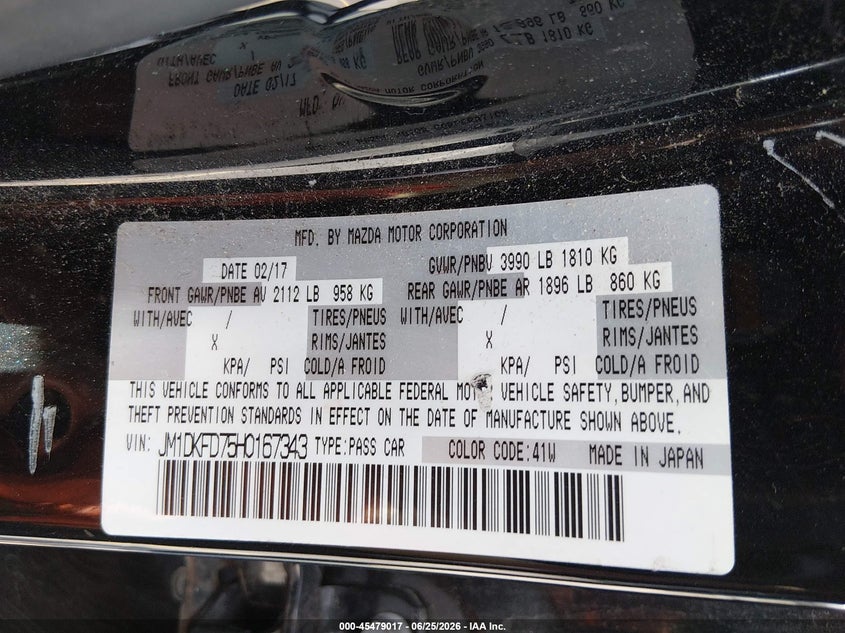 2017 Mazda Cx-3 VIN JM1DKFD75H0167343 IAAI salvage auction — NORMAL WEAR, Clear (Connecticut), sold $3,650 on 2026-07-30 (photo 9)