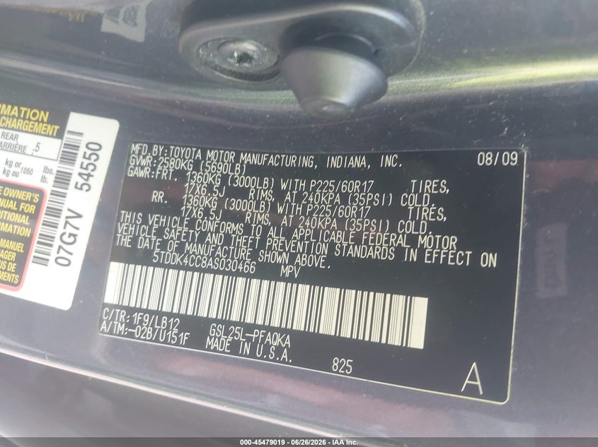 2010 Toyota Sienna VIN 5TDDK4CC8AS030466 IAAI salvage auction — NORMAL WEAR, Clear (Massachusetts), sold $1,100 on 2026-07-17 (photo 9)