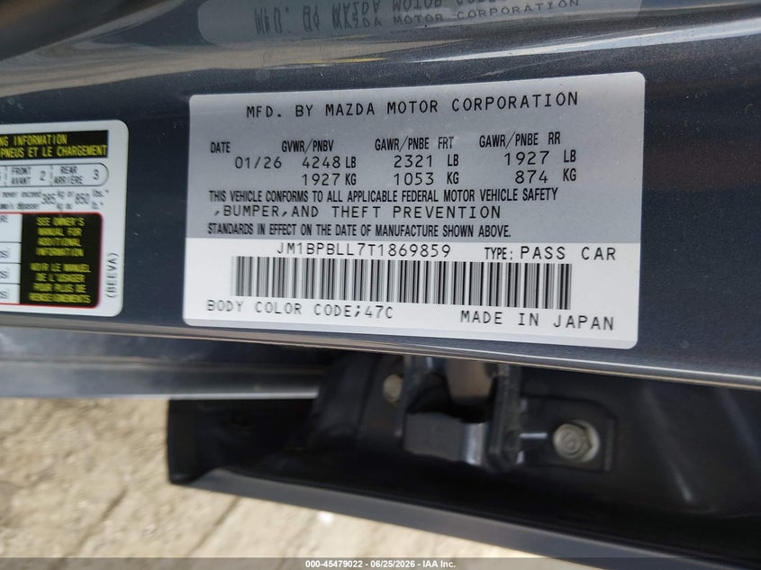 2026 Mazda 3 VIN JM1BPBLL7T1869859 IAAI salvage auction — REAR END, Clear (Florida), sold $16,050 on 2026-07-17 (photo 9)