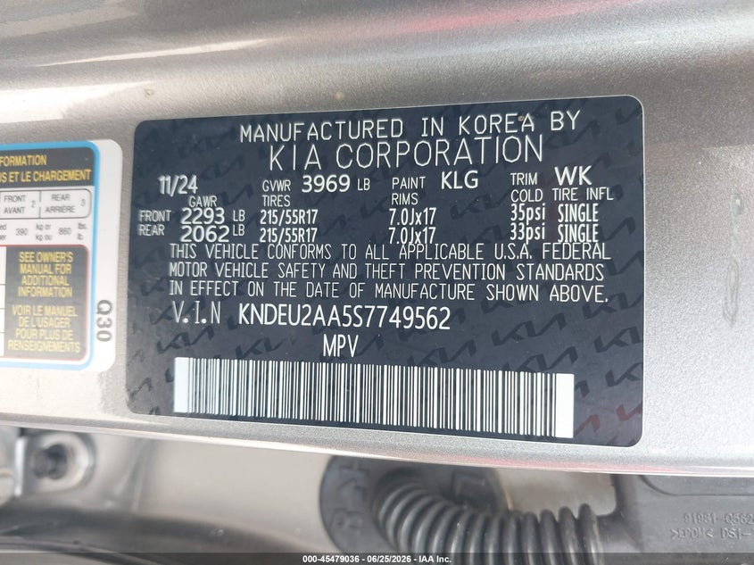 2025 Kia Seltos VIN KNDEU2AA5S7749562 IAAI salvage auction — WATER/FLOOD, Wait Title, sold $7,200 on 2026-08-20 (photo 9)