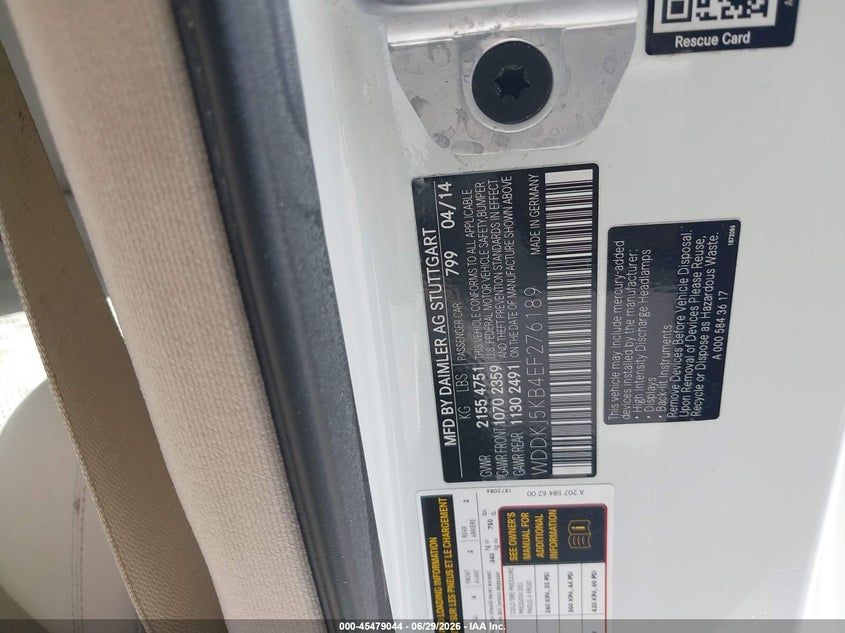 2014 Mercedes-benz E-klasse VIN WDDKJ5KB4EF276189 IAAI salvage auction — WATER/FLOOD, Wait Title, sold $1,750 on 2026-08-02 (photo 9)