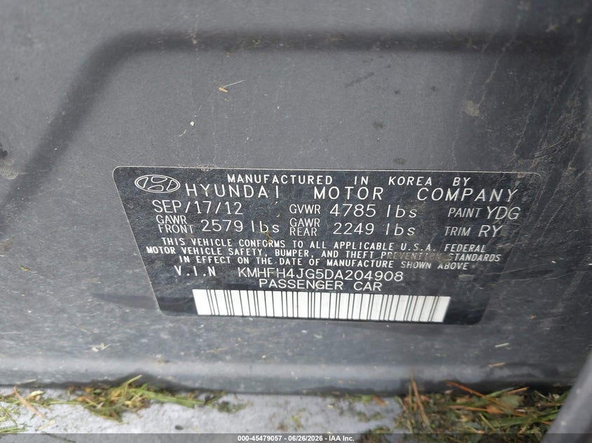 2013 Hyundai Azera VIN KMHFH4JG5DA204908 IAAI salvage auction — NORMAL WEAR, Clear (Indiana), sold $1,200 on 2026-07-09 (photo 9)