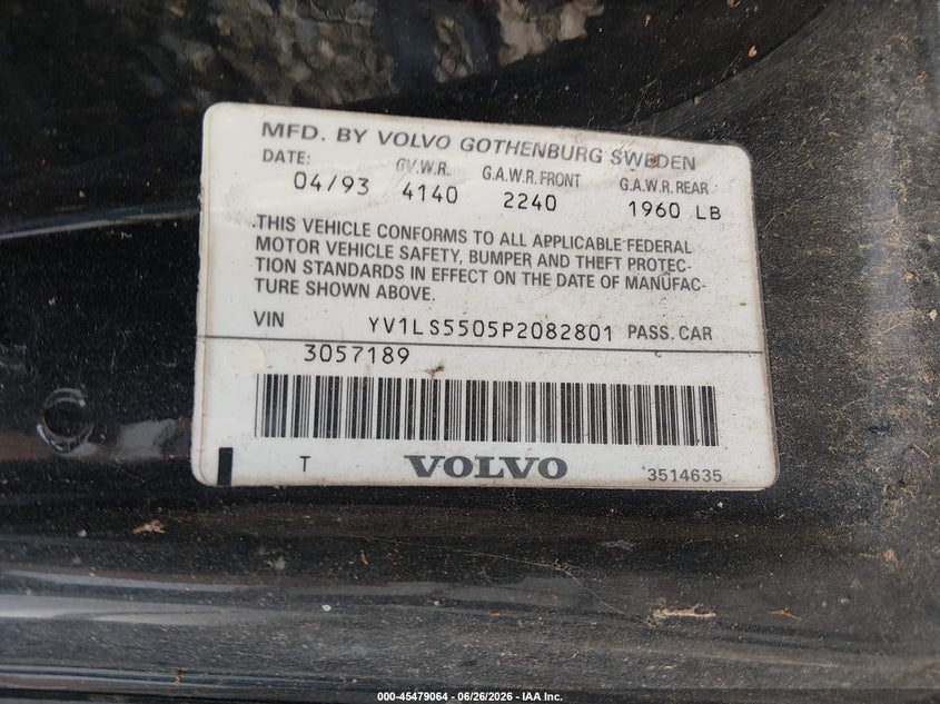 1993 Volvo 850 VIN YV1LS5505P2082801 IAAI salvage auction — NORMAL WEAR, Clear (Arkansas), sold $225 on 2026-07-09 (photo 9)