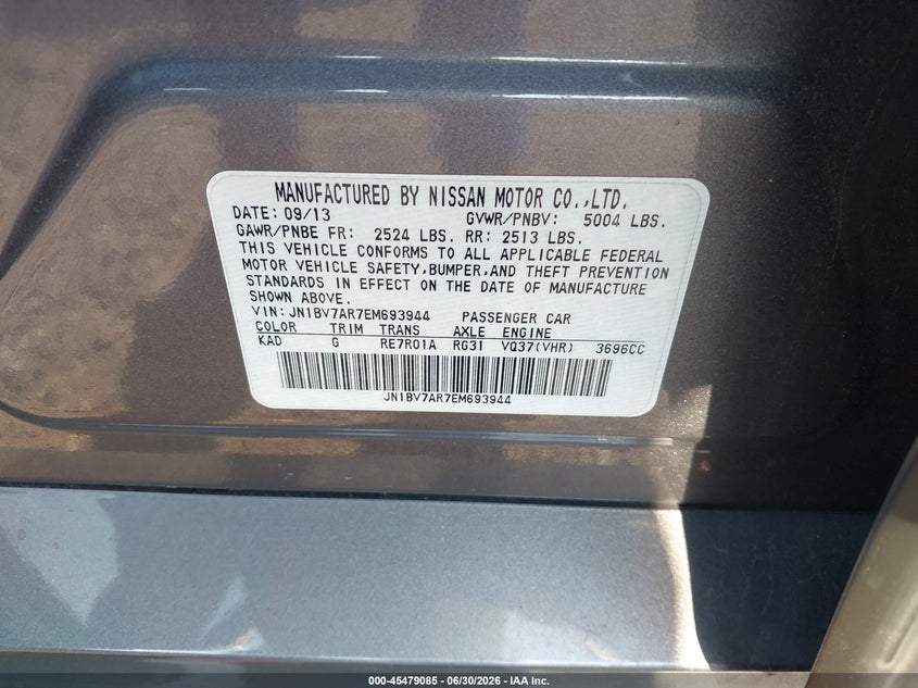 2014 Infiniti Q50 VIN JN1BV7AR7EM693944 IAAI salvage auction — REAR END, Salvage Title, sold $225 on 2026-07-20 (photo 9)
