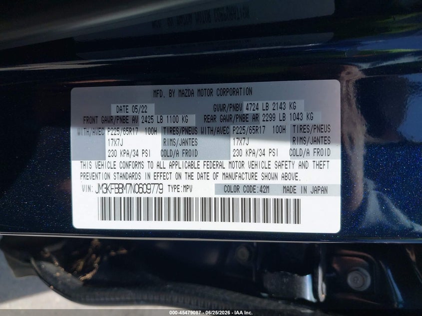 2022 Mazda Cx-5 VIN JM3KFBBM7N0609779 IAAI salvage auction — WATER/FLOOD, Salvage (Texas), sold $6,900 on 2026-07-16 (photo 9)