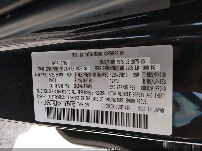 2019 Mazda Cx-5 VIN JM3KFADMXK1505476 IAAI salvage auction — FRONT END, Salvage Title, sold $4,500 on 2026-07-28 (photo 9)