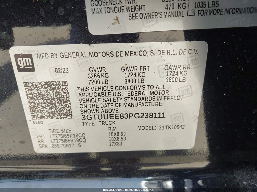 2023 Gmc SIERRA VIN 3GTUUEE83PG238111 IAAI salvage auction — WATER/FLOOD, Salvage (Texas), sold $26,000 on 2026-07-30 (photo 9)