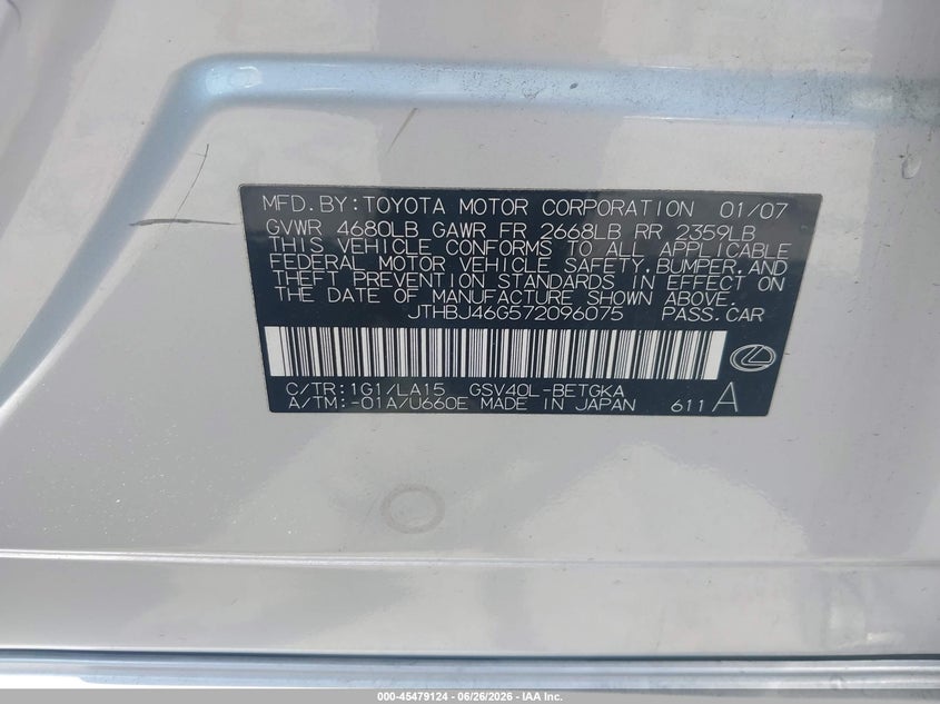 2007 Lexus Es 350 VIN JTHBJ46G572096075 IAAI salvage auction — RIGHT SIDE, Salvage (California), sold $1,300 on 2026-07-07 (photo 9)