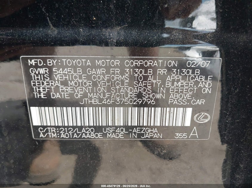 2007 Lexus Ls VIN JTHBL46F375029796 IAAI salvage auction — NORMAL WEAR, Clear (Massachusetts), sold $800 on 2026-07-14 (photo 9)