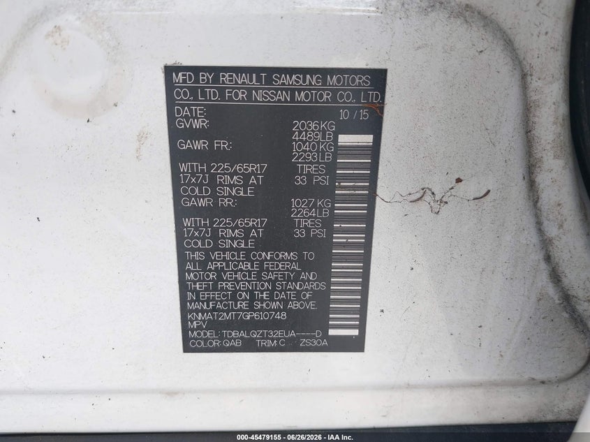 2016 Nissan Rogue VIN KNMAT2MT7GP610748 IAAI salvage auction — REAR END, Salvage Title, sold $1,200 on 2026-07-21 (photo 9)