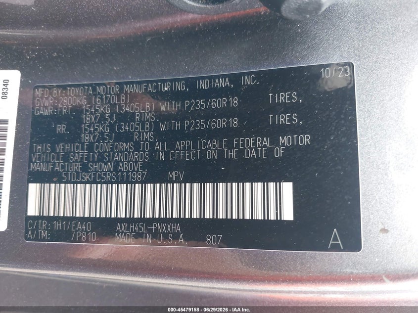 2024 Toyota Sienna VIN 5TDJSKFC5RS111987 IAAI salvage auction — SIDE, Salvage - Greater Than 75% (Maryland), sold $10,400 on 2026-07-09 (photo 9)
