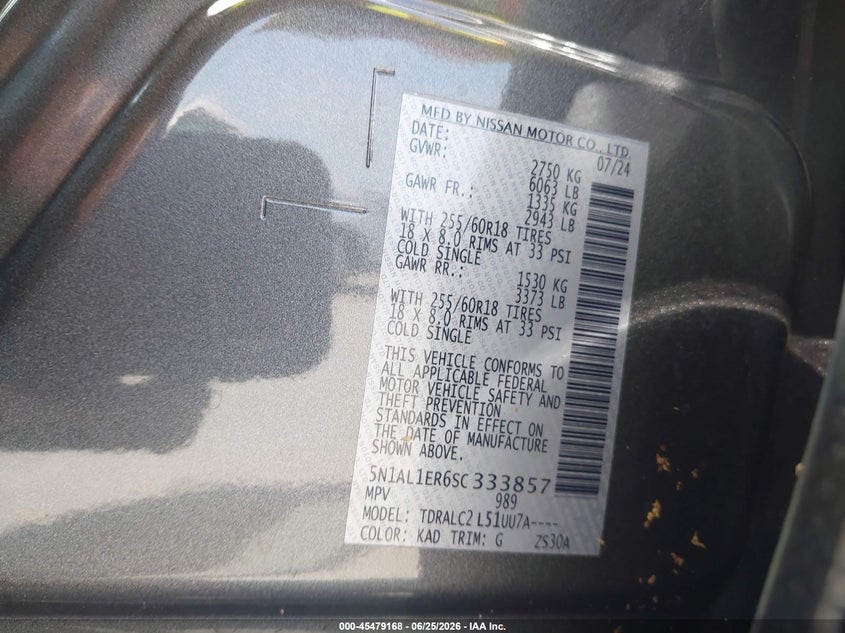 2025 Infiniti Qx60 VIN 5N1AL1ER6SC333857 IAAI salvage auction — WATER/FLOOD, Salvage (Texas), sold $11,600 on 2026-07-16 (photo 9)
