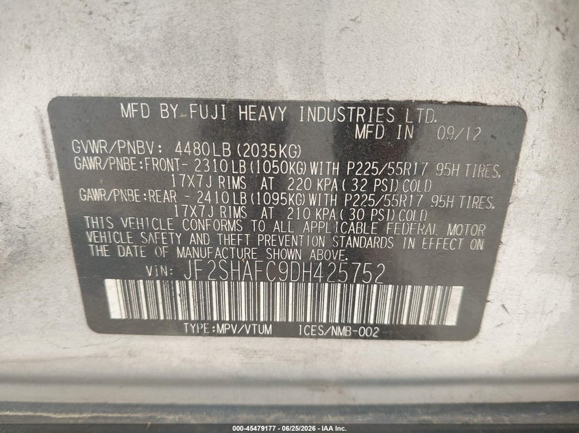 2013 Subaru Forester VIN JF2SHAFC9DH425752 IAAI salvage auction — NORMAL WEAR, Original (Texas), sold $250 on 2026-07-09 (photo 9)