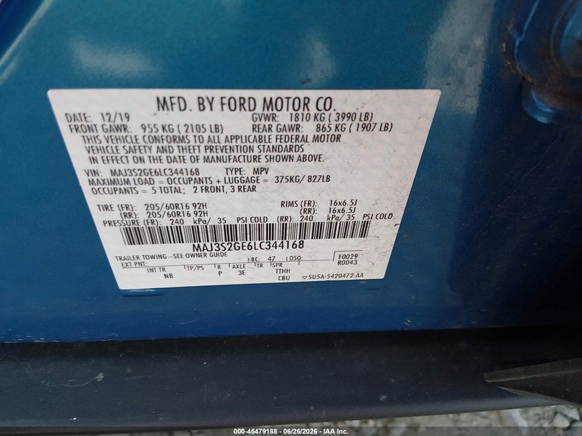 2020 Ford Ecosport VIN MAJ3S2GE6LC344168 IAAI salvage auction — RIGHT FRONT, Salvage (West Virginia), sold $975 on 2026-07-29 (photo 9)