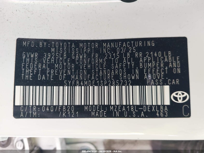 2025 Toyota Corolla VIN 5YFB4MDE1SP285732 IAAI salvage auction — FRONT END, Salvage Title, sold $2,050 on 2026-07-22 (photo 9)