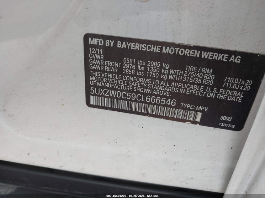 2012 BMW X5 VIN 5UXZW0C59CL666546 IAAI salvage auction — NORMAL WEAR, Clear (Michigan), sold $2,050 on 2026-07-27 (photo 9)