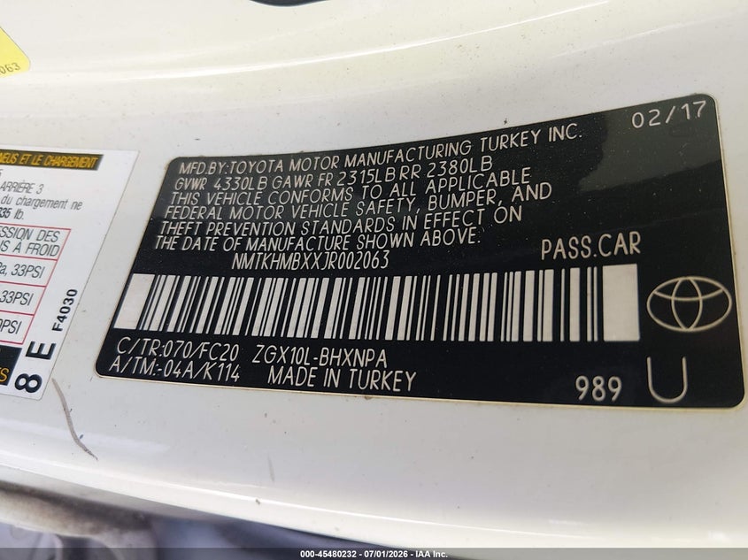 2018 Toyota C-hr VIN NMTKHMBXXJR002063 IAAI salvage auction — FRONT END, Salvage (South Carolina), sold $3,050 on 2026-07-28 (photo 9)
