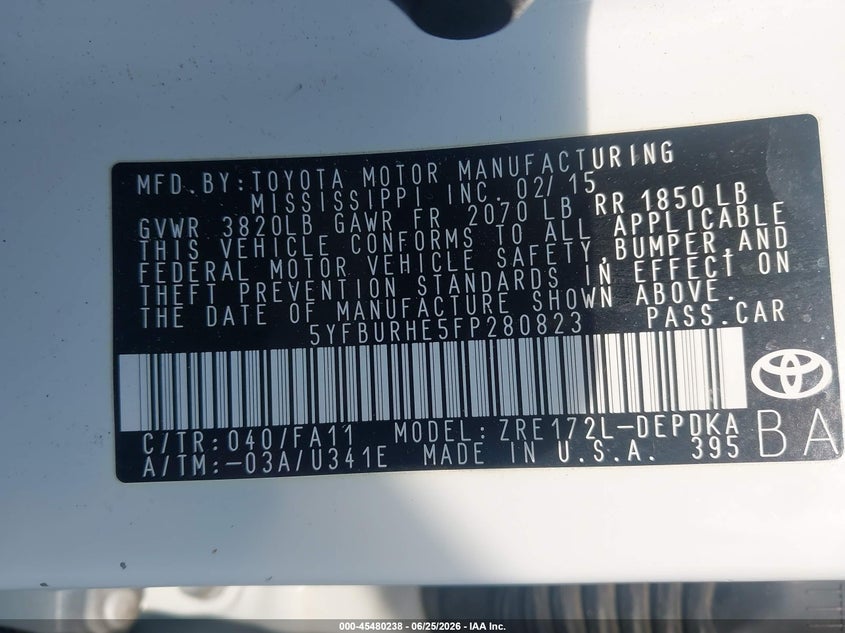 2015 Toyota Corolla VIN 5YFBURHE5FP280823 IAAI salvage auction — REAR END, Salvage (Georgia), sold $1,950 on 2026-08-02 (photo 9)