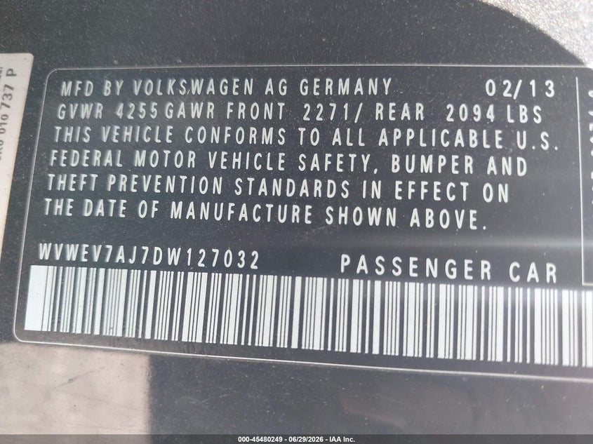 2013 Volkswagen Gti VIN WVWEV7AJ7DW127032 IAAI salvage auction — FRONT END, Salvage (North Carolina), sold $1,150 on 2026-08-11 (photo 9)
