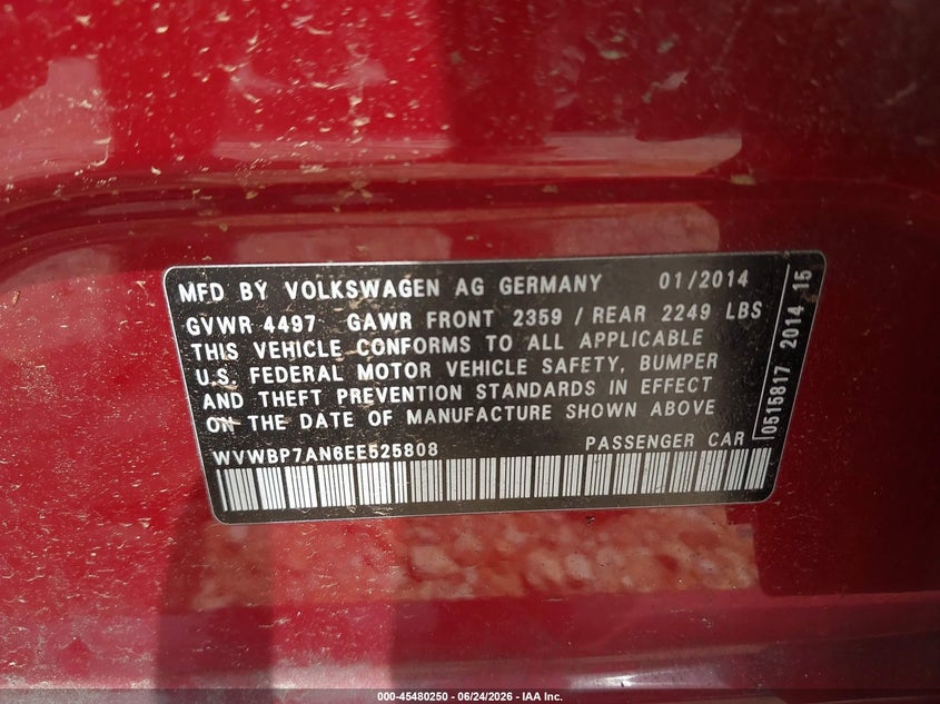 2014 Volkswagen VIN WVWBP7AN6EE525808 IAAI salvage auction — NORMAL WEAR, Clear (Georgia), sold $500 on 2026-07-28 (photo 9)