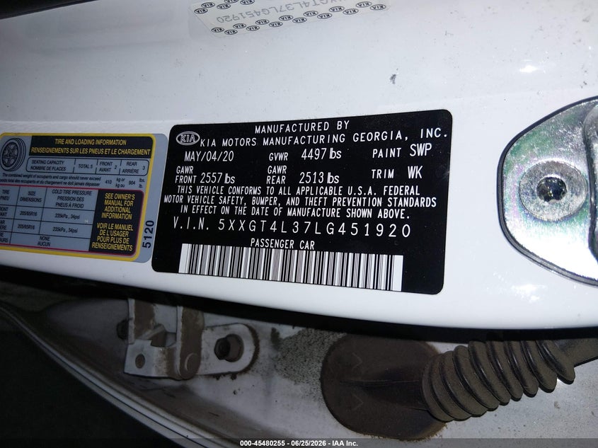 2020 Kia Optima VIN 5XXGT4L37LG451920 IAAI salvage auction — REAR END, Salvage Title, sold $25 on 2026-07-28 (photo 9)
